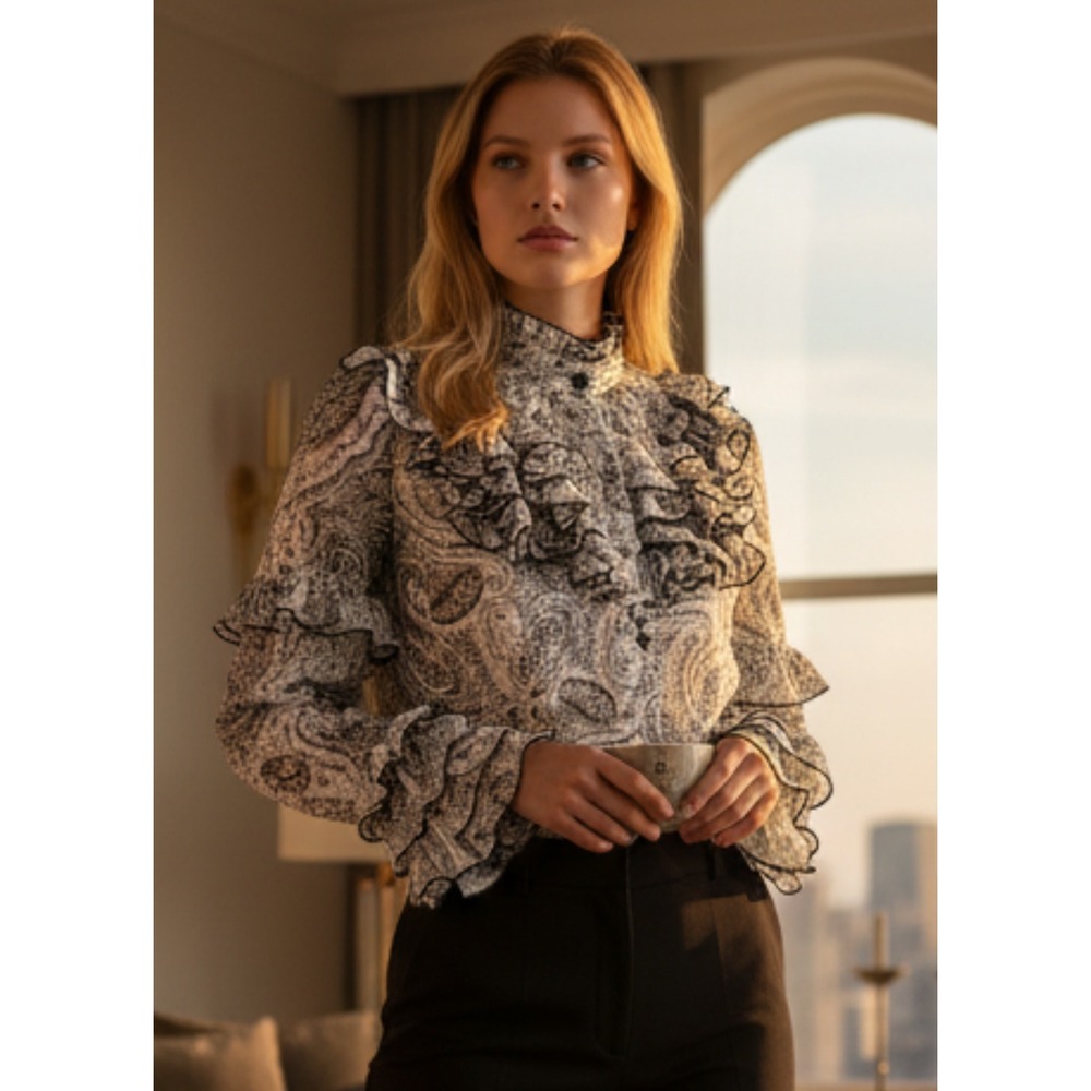 Simorra Ruffle Paisley Button Blouse Size 6 Women's Sheer Long Sleeve Top